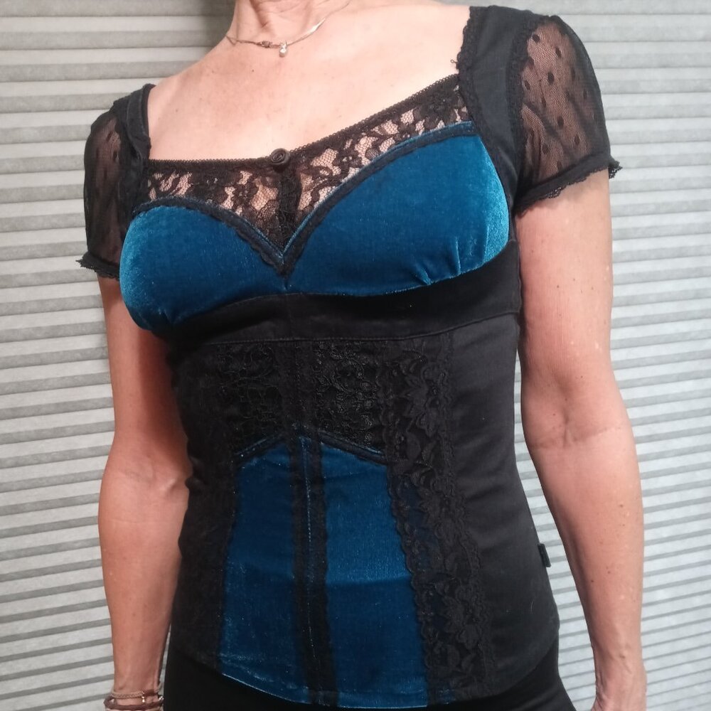 Blue Velvet & Black Lace Corset Short Sleeve Top
